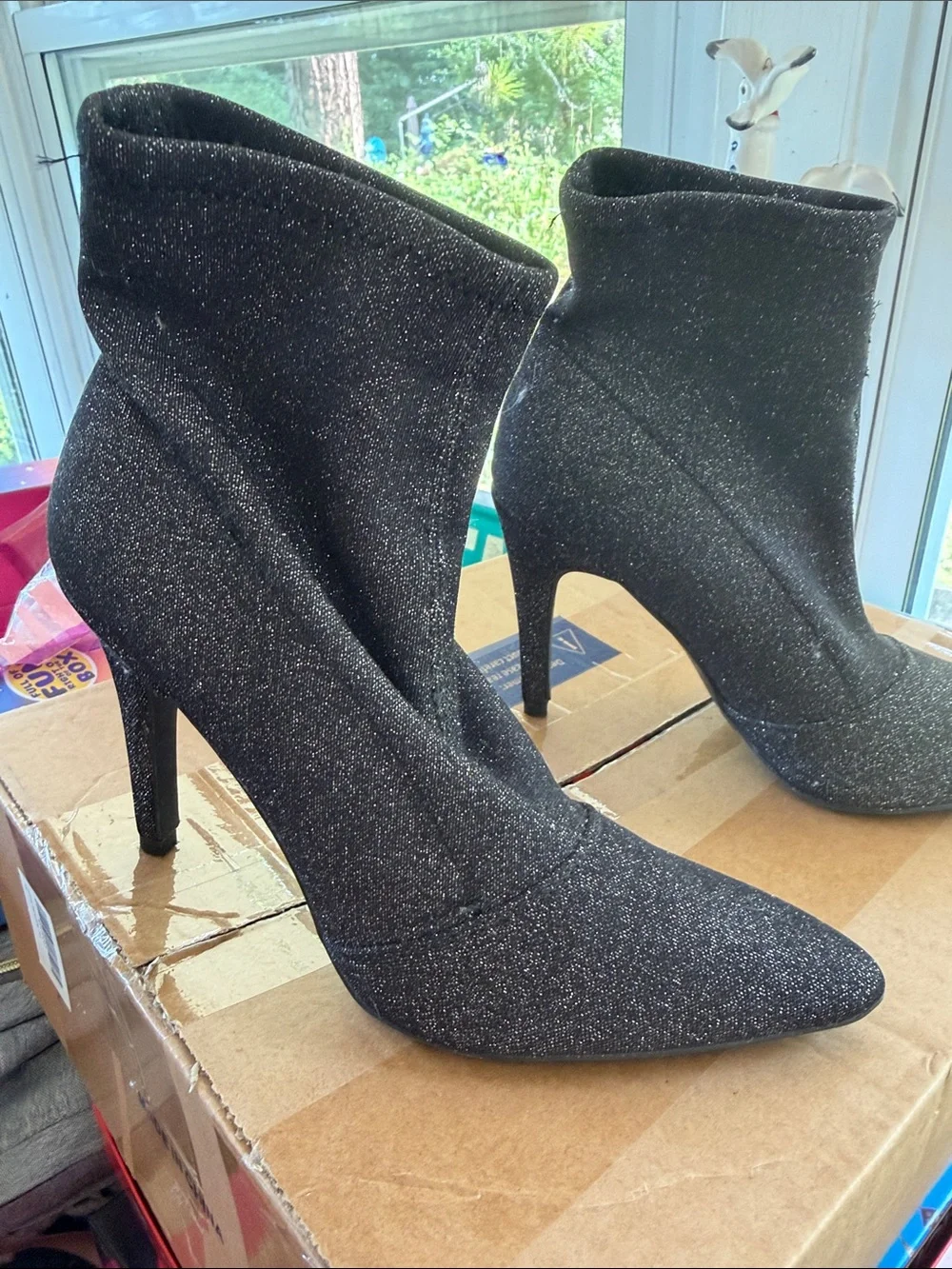 Black Sparkle Pointed Toe Stiletto Ankle Boots - Women
